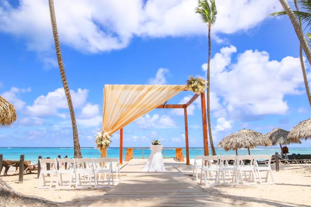 Beachfront wedding resort in Punta Cana with palm trees and turquoise water